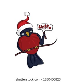 Funny bullfinch in a hat sits on a branch and holds a sign with the text Hello. Vector children's sticker design on white isolated background.