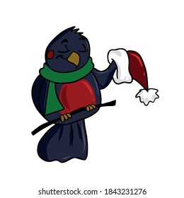 Funny bullfinch took off his hat . Vector children's sticker design on white isolated background.