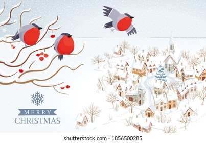 Funny Bullfinches flying over small winter town and rural landscape. Vector image for Christmas cards, banners, posters, seasonal sales, with lettering design template.