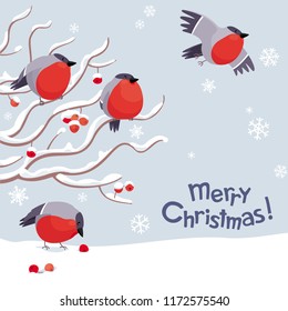 Funny Bullfinches and Rowan tree under the snowfall. Vector Christmas greeting card. For Christmas decoration, posters, banners, sales and other winter events.