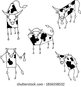 Funny bulls with black spots on a white background