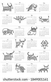 Funny bulls calendar design. Symbol of new year 2021. Bull, ox, cow. Vector illustration