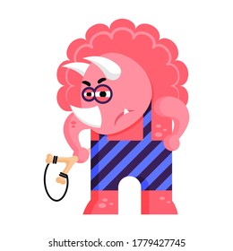 Funny bully brawler triceratops. Isolated flat cartoon character on white. Pink dinosaur is outraged, angry, aggressive, and in bad mood. Bone slingshot in paw. Print for goods, clothing, accessories