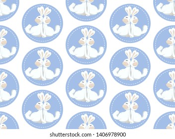 funny bunnies in blue circle background  seamless pattern vector isolated