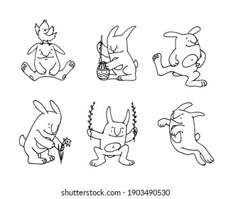 funny bunnies celebrating happy Easter holiday, set of comic characters, vector illustration with black ink contour lines isolated on white background in doodle and hand drawn style