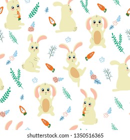 funny bunnies cute animal cartoon seamless vector pattern.  Concept for textile, invitation, print, web design 