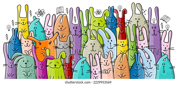 Funny Bunnies family. Rabbit - symbol of 2023 chineese new year. Chreeting card design idea. Cute characters. Colorful art. Vector illustration