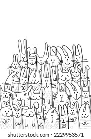 Funny Bunnies family. Rabbit - symbol of 2023 chineese new year. Chreeting card design idea. Cute characters. Colouring page design, outline style. Vector illustration