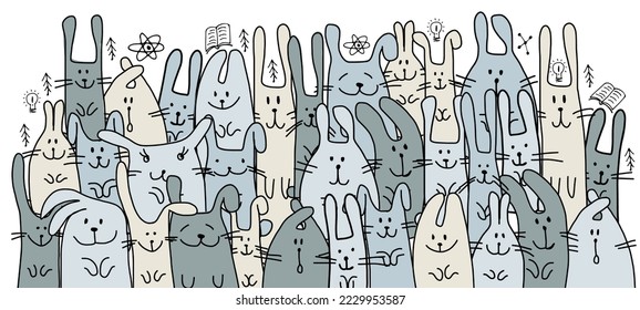 Funny Bunnies family. Rabbit - symbol of 2023 chineese new year. Chreeting card design idea. Cute characters. Vector illustration