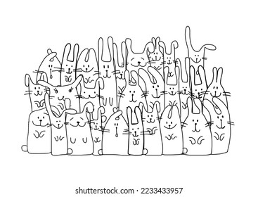 Funny Bunnies family. Rabbit - symbol of 2023 chineese new year. Chreeting card design idea. Cute characters. Colouring page design, outline style. Vector illustration