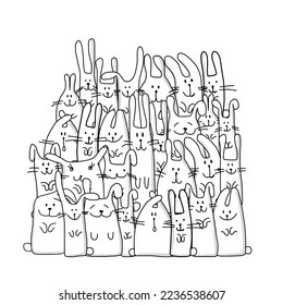 Funny Bunnies family. Rabbit - symbol of 2023 chineese new year. Chreeting card design idea. Cute characters. Colouring page design, outline style. Vector illustration