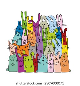 Funny Bunnies family. Rabbit - symbol of 2023 chineese new year. Chreeting card design idea. Cute characters. Colorful art. Vector illustration