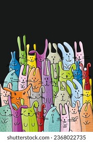 Funny Bunnies family. Rabbit - symbol of 2023 chineese new year. Chreeting card design idea. Cute characters. Colorful art. Vector illustration