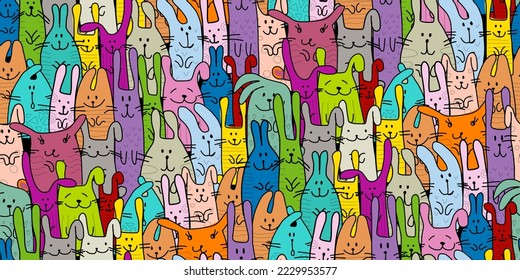 Funny Bunnies family. Seamless pattern background with Rabbits. Symbol of 2023 chineese new year. Cute characters, childish style. Vector illustration