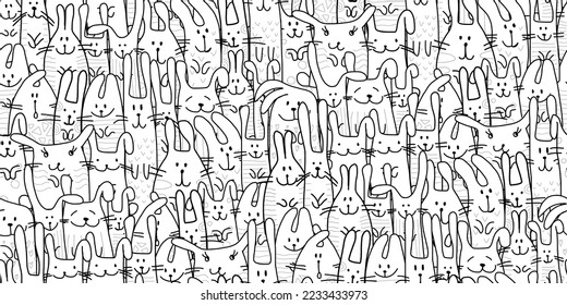 Funny Bunnies family. Seamless pattern background with Rabbits. Symbol of 2023 chineese new year. Cute characters, childish style. Colouring art. Vector illustration