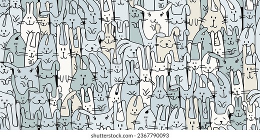 Funny Bunnies family. Seamless pattern background with Rabbits. Symbol of 2023 chineese new year. Cute characters, childish style. Vector illustration