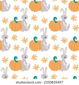 Funny bunnies with pumpkins seamless pattern. Background of cute rabbits with flowers and pumpkins. Thanksgiving print for textiles, packaging and design, vector illustration