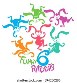 Funny bunnies. Silhouette bright multicolored rabbits jump.