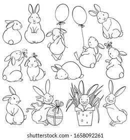 Funny  bunnies. Vector illustration. Outline drawing, collection isolated element for design, coloring book. Perfect for Easter design.