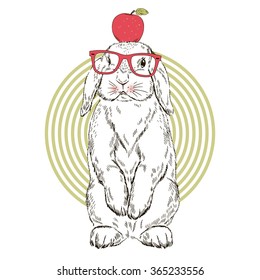 funny bunny with apple on the head, animal illustration