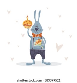 Funny bunny with bouquet of flowers and cake. Vector illustration