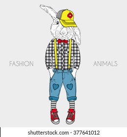 funny bunny boy in cap, furry art illustration for kids, hipster animals