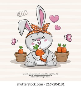 Funny Bunny With Carrot, Cute Rabbit Cartoon Illustration