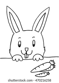 funny bunny with Carrots cartoon comic illustration on white Background. Hand Drawn Doodle