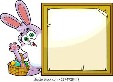 Funny Bunny Cartoon Character With Basket Of Easter Eggs Waving Behind Wooden Board Sign. Vector Hand Drawn Illustration Isolated On Transparent Background