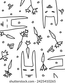 Funny bunny character with carrots and decoration. Isolated on white background drawing for prints, posters, stationery.