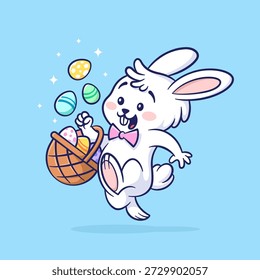 Divertido personaje de conejito con huevos de Pascua. Carácter lindo para la tarjeta de felicitación, Anuncio, cartel, Diseño web. Estilo plano de la historieta. Ilustración vectorial.