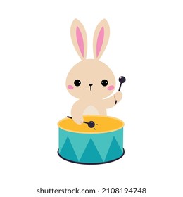 Funny Bunny Character Playing Drum Performing Concert Vector Illustration