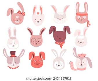 Personajes de conejito divertidos, caras de conejo lindas, elementos de diseño establecidos para la decoración de tarjetas de felicitación. Mascota feliz del día de fiesta de la primavera de Pascua, animales del doodle del bosque kawaii bozales de liebre positiva ilustración vectorial