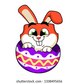 Funny bunny with colorful eggs. Rabbit sits in the egg. Vector illustration in cartoon style. Happy Easter illustration.