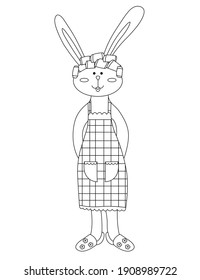 Hübsches Hasen in Kochschürze und Curler-Färberseite. Happy Kaninchenchef. Cartoon süßes Mama Kaninchen. Farbbuch für Kinder Vektorgrafik.