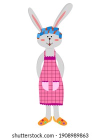 Funny bunny in cook apron and curlers. Happy rabbit chef. Cartoon cute mom rabbit.