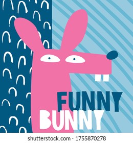 Funny Bunny. Cute Nursery Vector Illustration with Pink Rabbit on a Blue Striped Background. Infantile Style Kids Room Decoration.