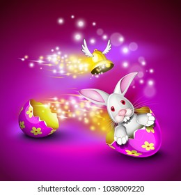 Funny bunny driving a decorated egg shell over a pruple background