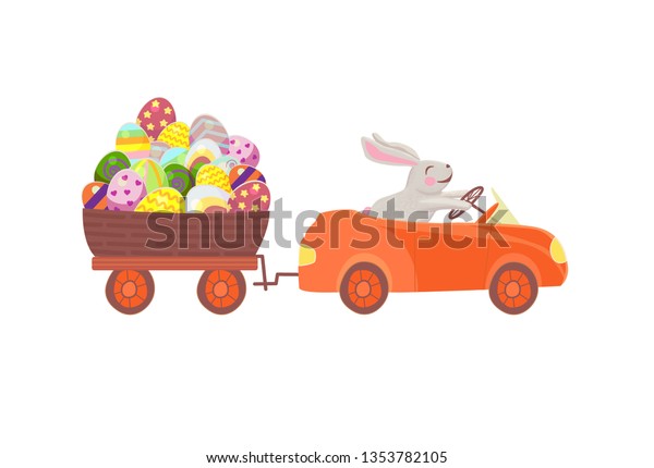 funny\
bunny driving a red car carries a big basket with Easter eggs on a\
trailer. Isolated flat illustration. Cute\
rabbit.