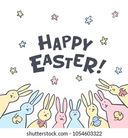 Funny bunny Easter Greeting card with Easter rabbits in pastel cplors. Illustration of cute bunnies with easter eggs and hearts and Happy Easter text. Vector illustration