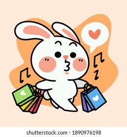 funny bunny enjoying shopping character doodle vector illustration