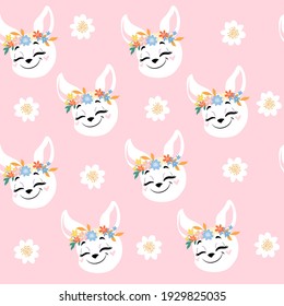 Funny bunny and flowers seamless pattern on a pink background. Congratulation vector illustration for birthday kids. Drawing animal face