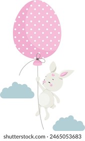 Funny bunny flying with easter egg balloon