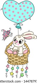 Funny bunny flying on basket with balloon and butterfly
