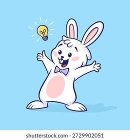 Divertido conejito obtener idea con bombilla. Carácter lindo para la tarjeta de felicitación, Anuncio, cartel, Diseño web. Estilo plano de la historieta. Ilustración vectorial.