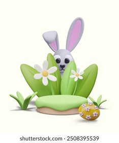 Funny bunny hid in grass. Easter concept in children 3D style