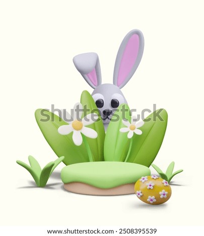 Funny bunny hid in grass. Easter concept in children 3D style