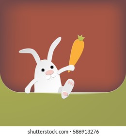 Funny bunny holding a carrot in the front paw. Paper figure. Bright design background. Easter bunny.