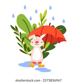 Funny bunny holding red umbrella, standing in puddle in rubber boots. Spring illustration with falling raindrops. For children stories, weather-themed projects or spring decorations