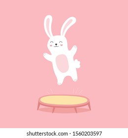 Funny bunny jumping on a trampoline. Cartoon happy character. Vector illustration for children.